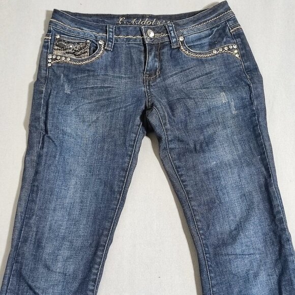 L.A.Idol flare jeans women's junior size 7 dark wash blue rhinestones decor - Picture 2 of 15